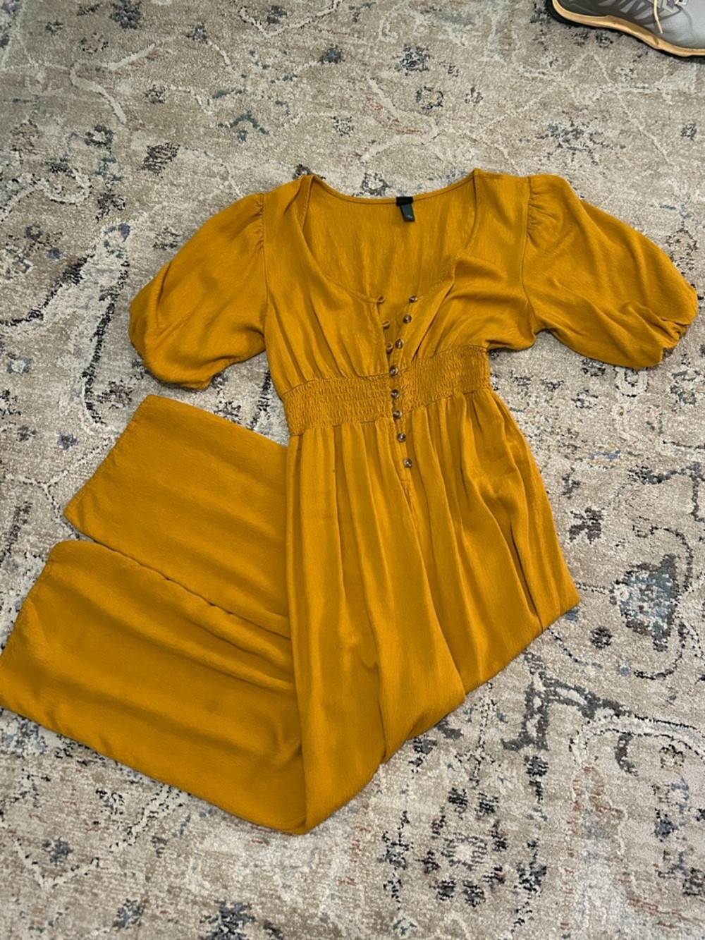 Women's Wide Leg Jumpsuit with Button Up Front and Smocked Waist